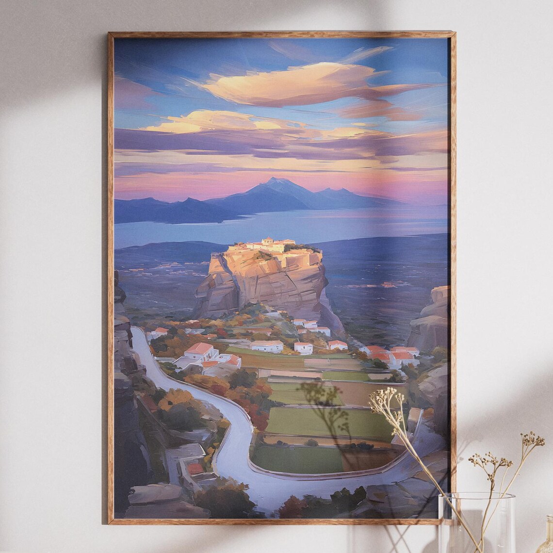 Meteora Greece Monastery Sunset Landscape Painting Art Print