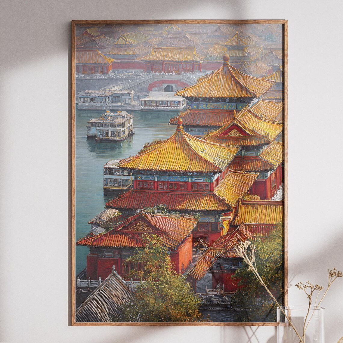 Golden Imperial Palace Roofs By The Lake Chinese Painting Art Poster
