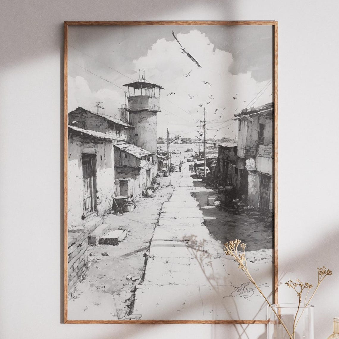 Gritty Urban Landscape Print Black And White Cityscape Art Distant Watchtower Illustration Atmospheric Street Scene