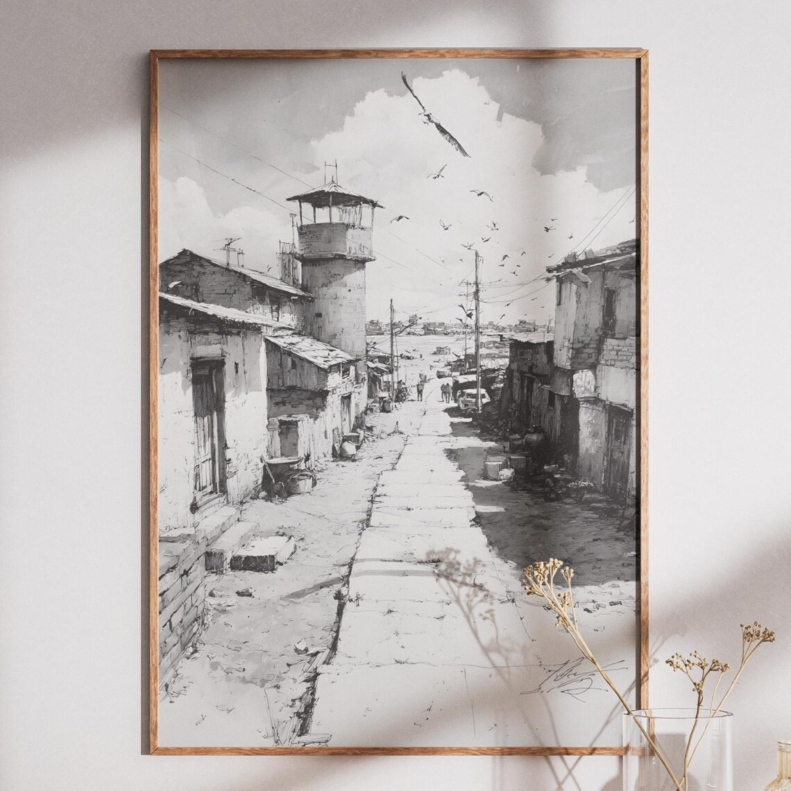 Watchtower Old Street Black And White Urban Cityscape Art Poster