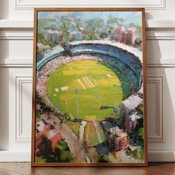 Cricket Stadium Aerial Match Day Impressionist City Painting Poster