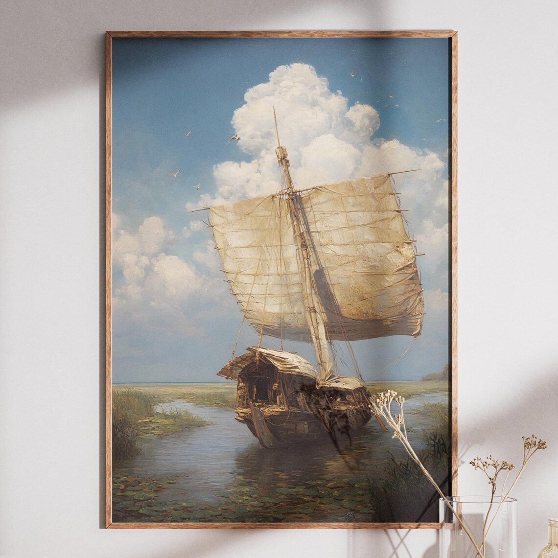 Vintage Sailing Junk Boat on River Classic Maritime Nautical Art Poster