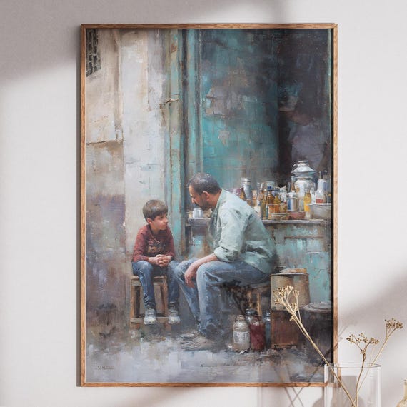 Father Son Tea Shop Art Print Heartwarming Family Moment Wall Decor Instant Day Gift