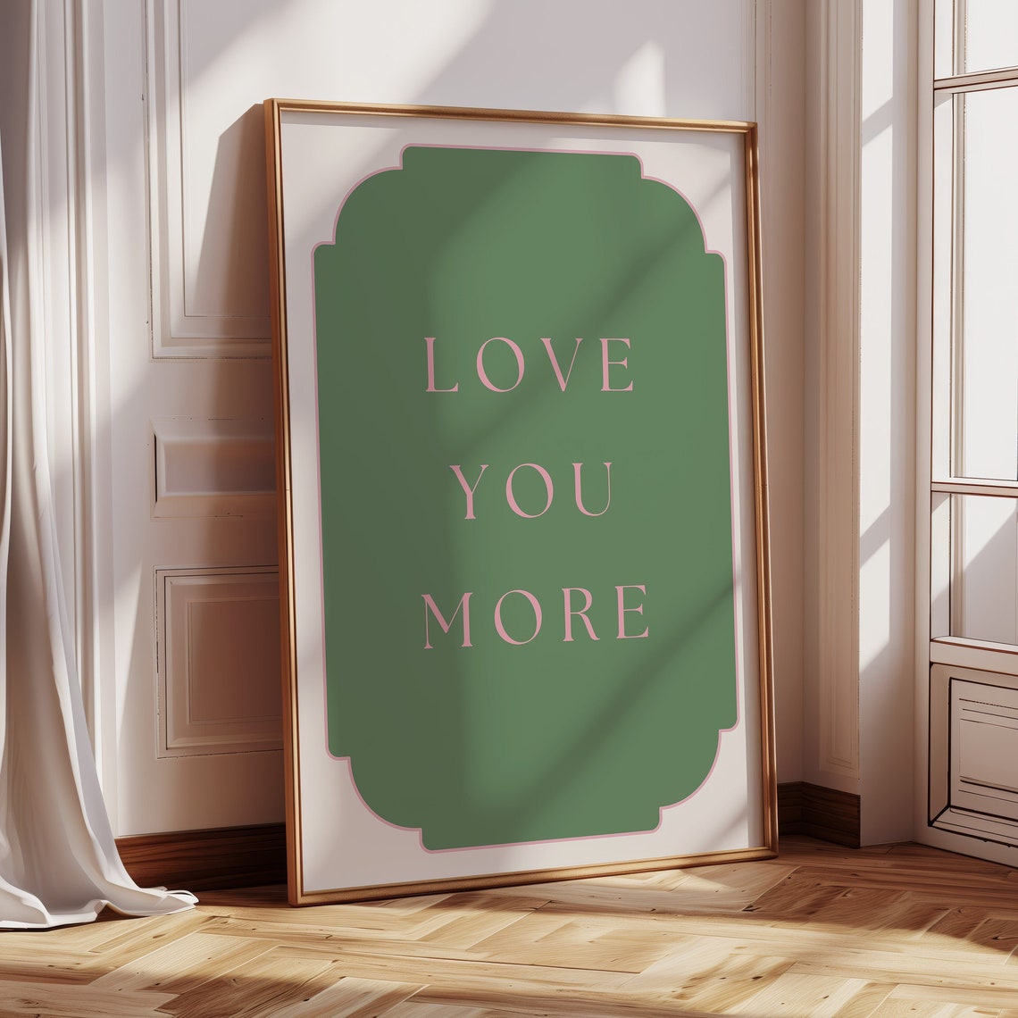 Love You More Romantic Pink Green Minimalist Typography Poster