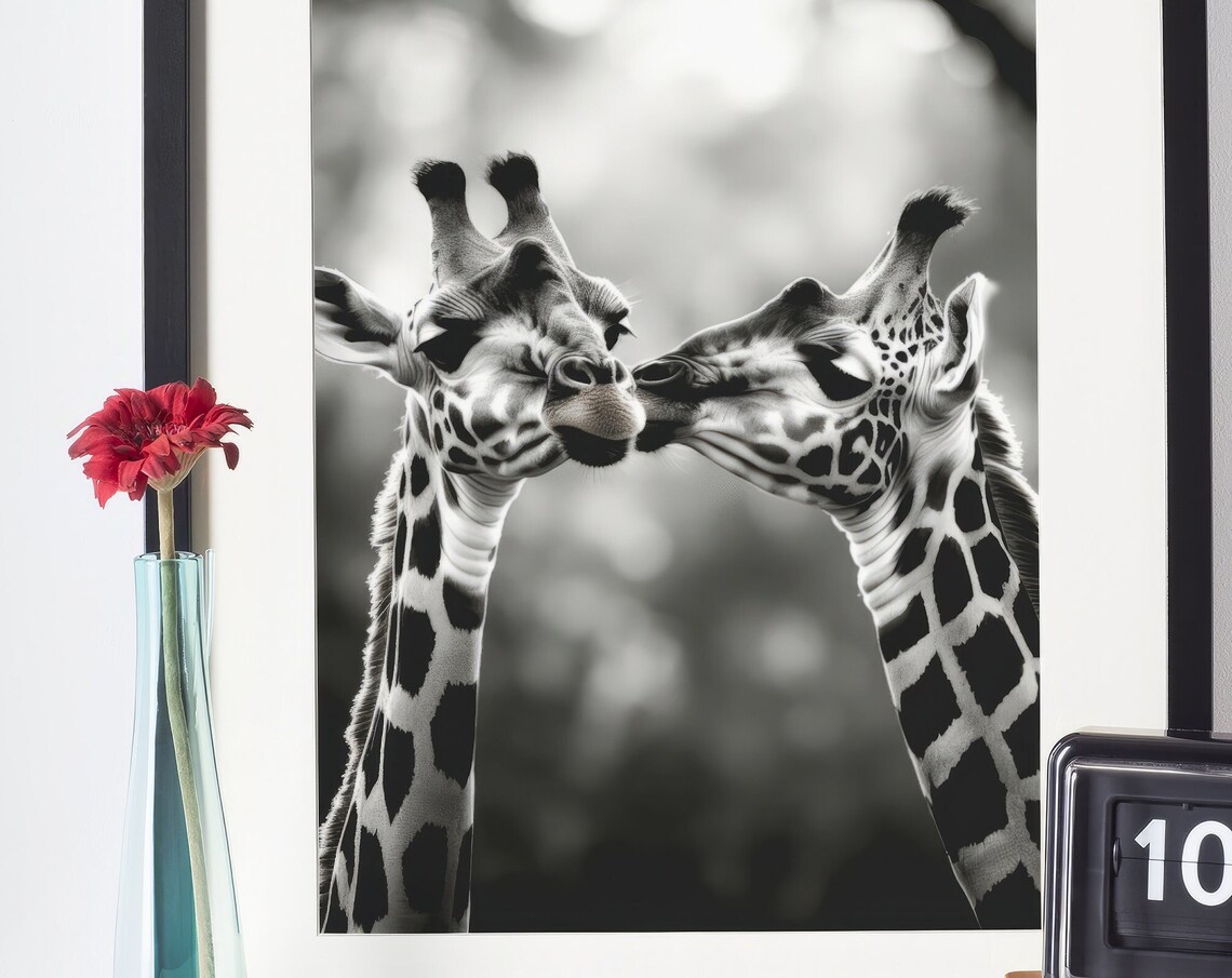 Cute Giraffe Couple Kissing Animal Poster
