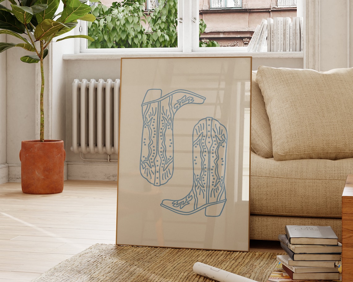 Blue Cowboy Boots, Minimalist Western Art Print - Image 2