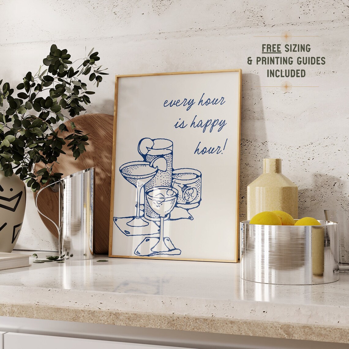 Hand Drawn Cocktails Bar Cart Art Print, Happy Hour