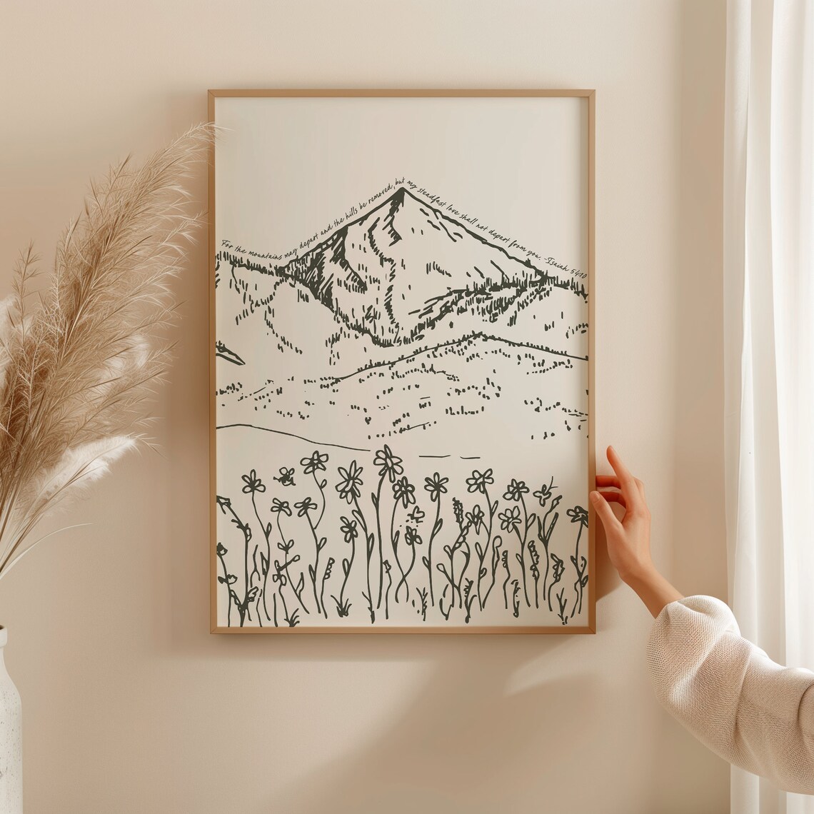 Isaiah 54 Verse Mountain Line Art Wildflowers Christian Poster - Image 2