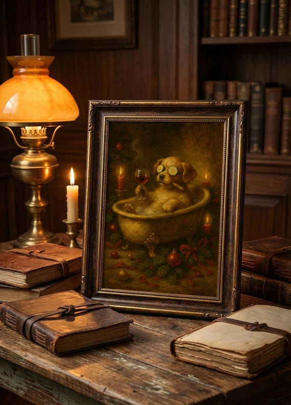Funny Puppy Spa Christmas Print Bathtub Wine Art