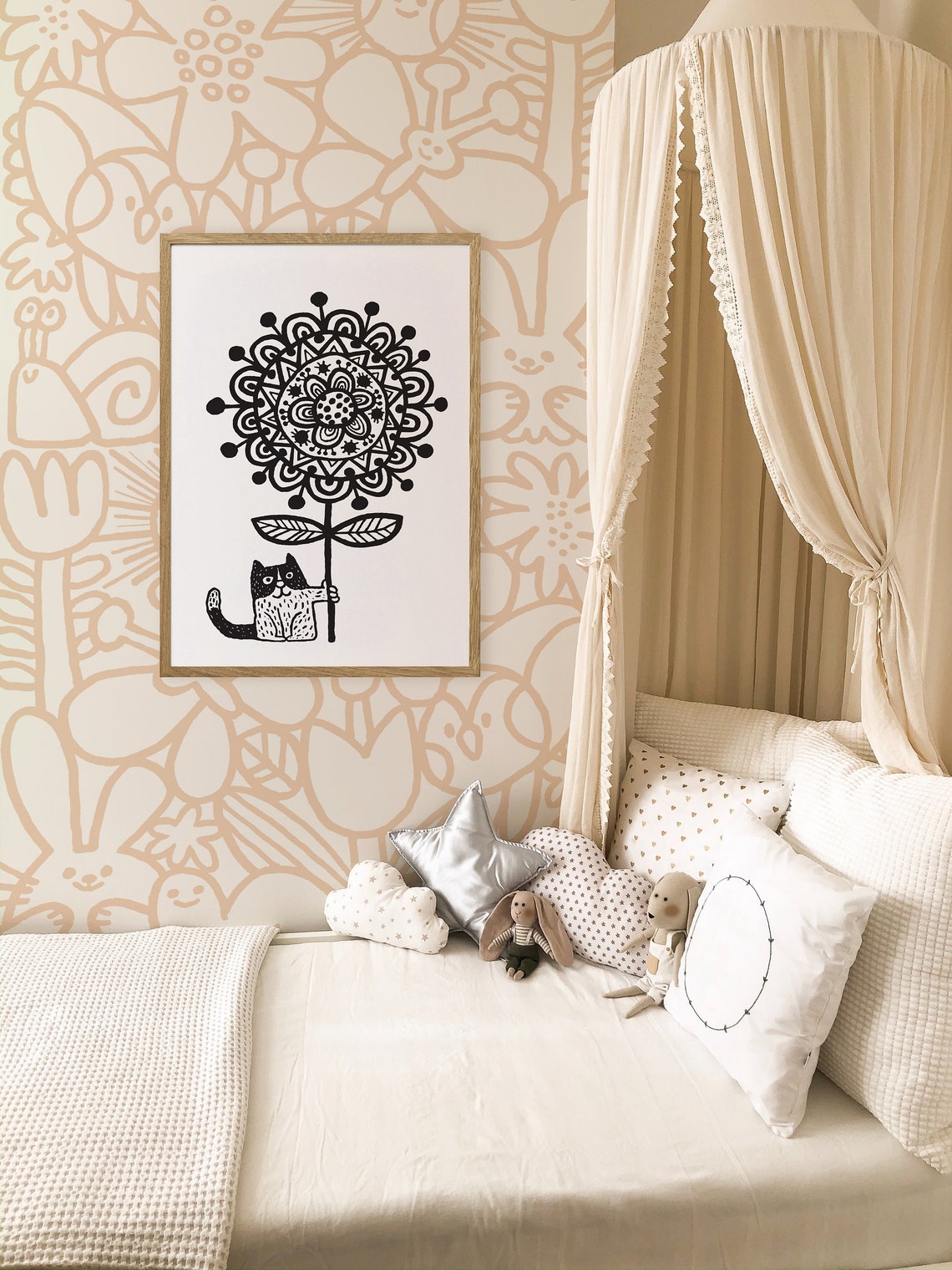 Cute Cat Hugging Flower Black and White Doodle Nursery Art Poster - Image 4