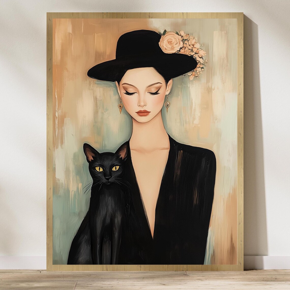 Elegant Woman With Floral Hat And Black Cat Modern Vintage Style Poster