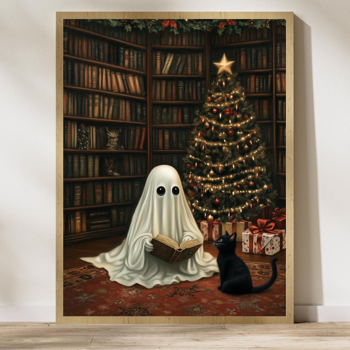 Cute Ghost Reading A Book To A Black Cat By The Christmas Tree Poster