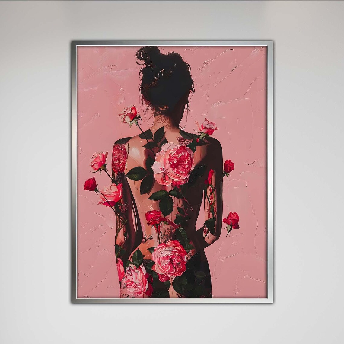 Woman With Roses on Her Back Pink Feminine Floral Portrait Poster