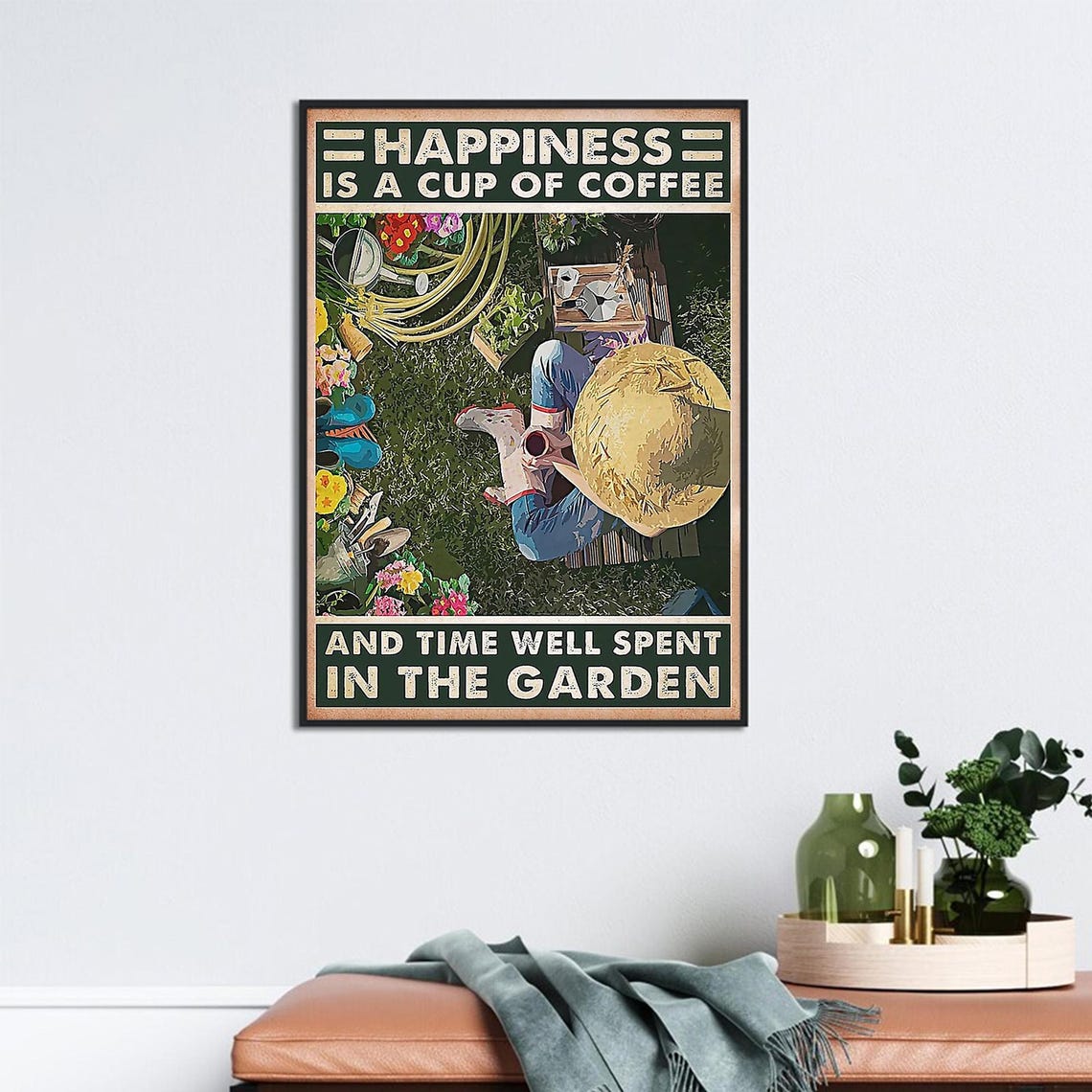 Girl Drink Coffee In Garden Art Happiness Is A Cup Of Coffee Unframed Poster Gardener Girl Room Decoration Gardening Wall Hanging - Image 2