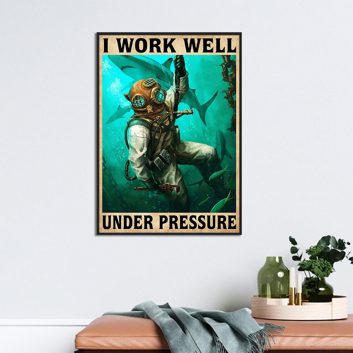 I Work Well Under Pressure Deep Sea Diver Sharks Vintage Poster - Image 3