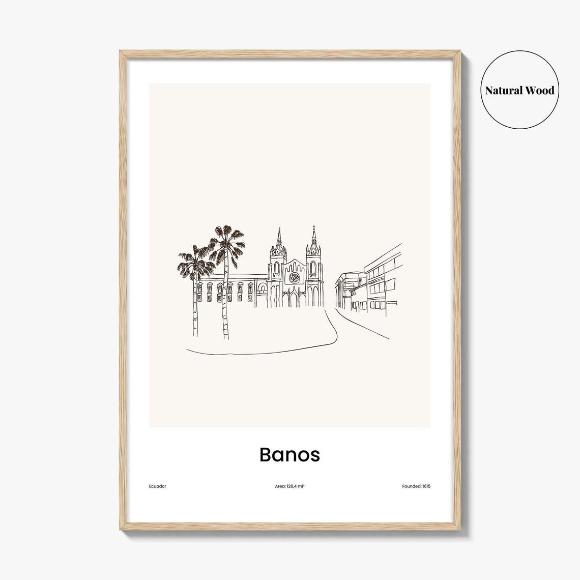 Banos Ecuador Church Palm Trees Minimalist Line Drawing Poster - Image 2