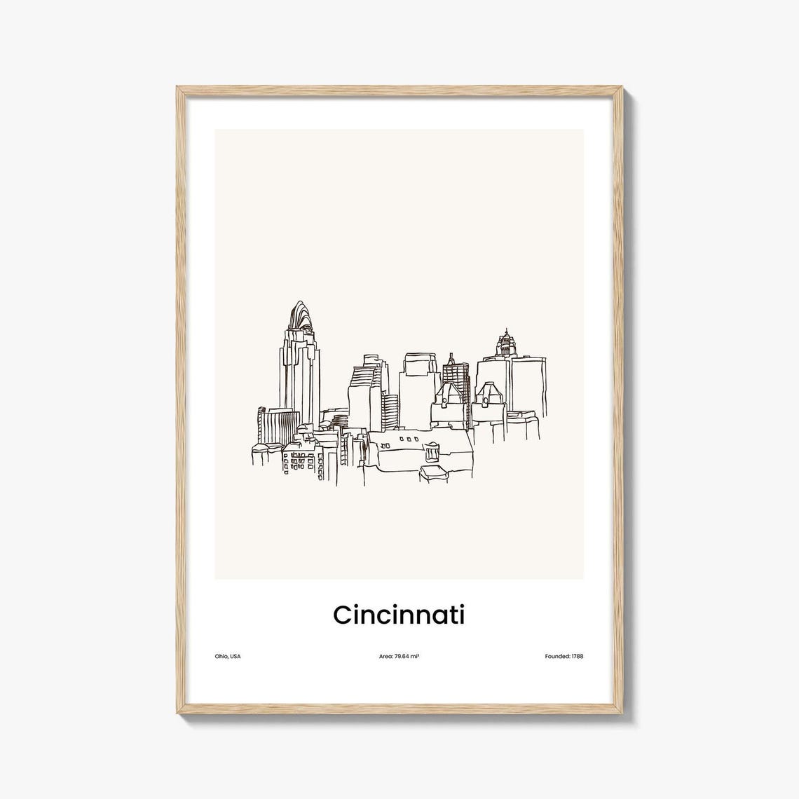 Cincinnati Ohio Skyline One Line Minimalist Drawing Downtown Poster