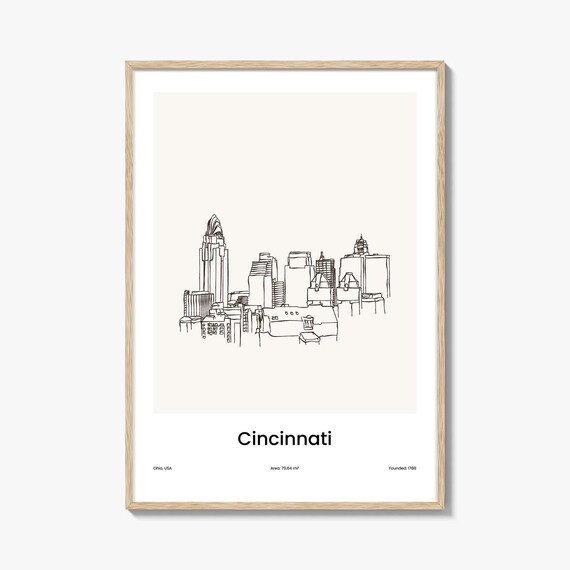 Cincinnati Ohio Skyline One Line Minimalist Drawing Downtown Poster