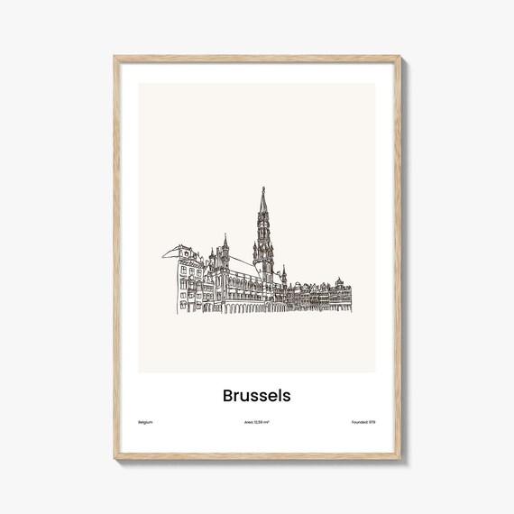 Brussels Belgium Grand Place Spire Minimalist Line Drawing Poster
