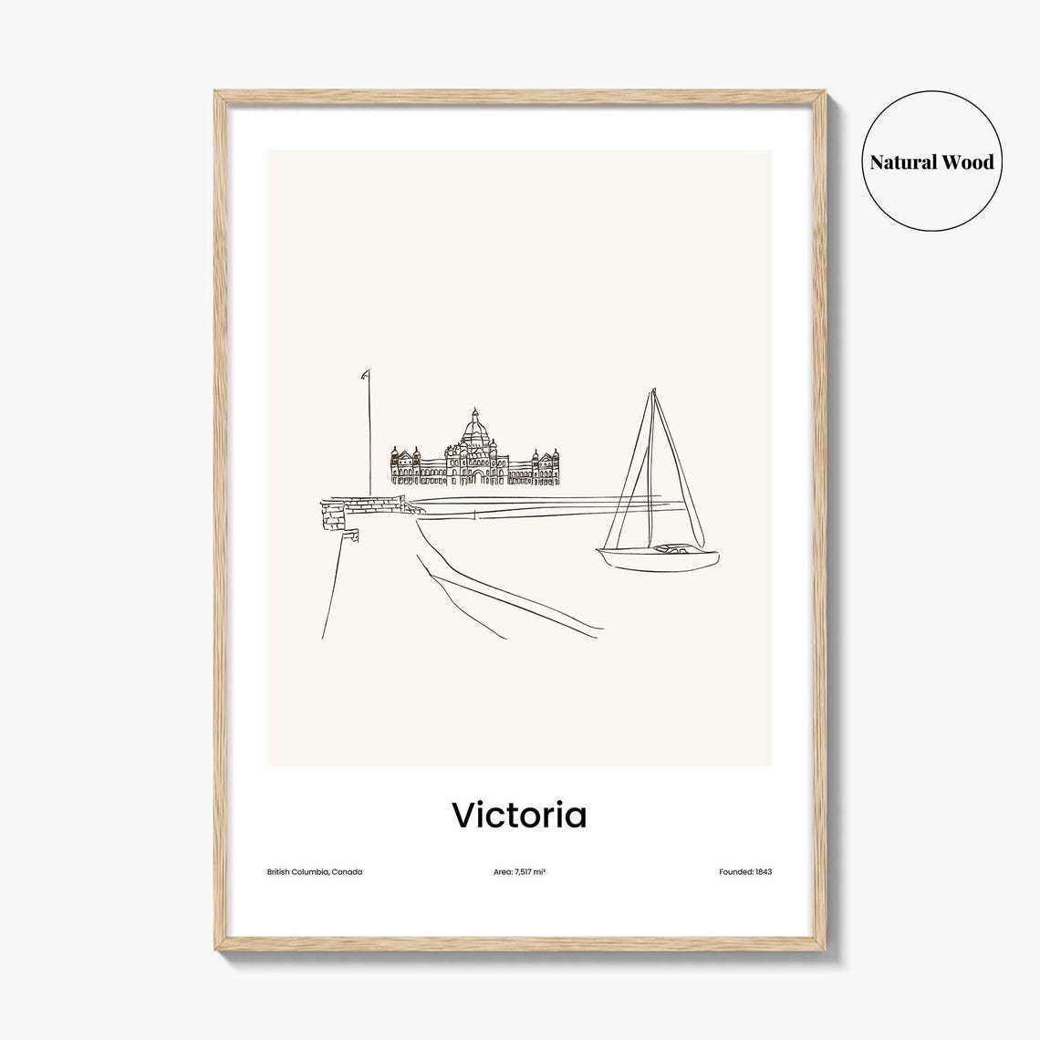 Victoria British Columbia Harbor Sailboat One Line Drawing Poster - Image 2