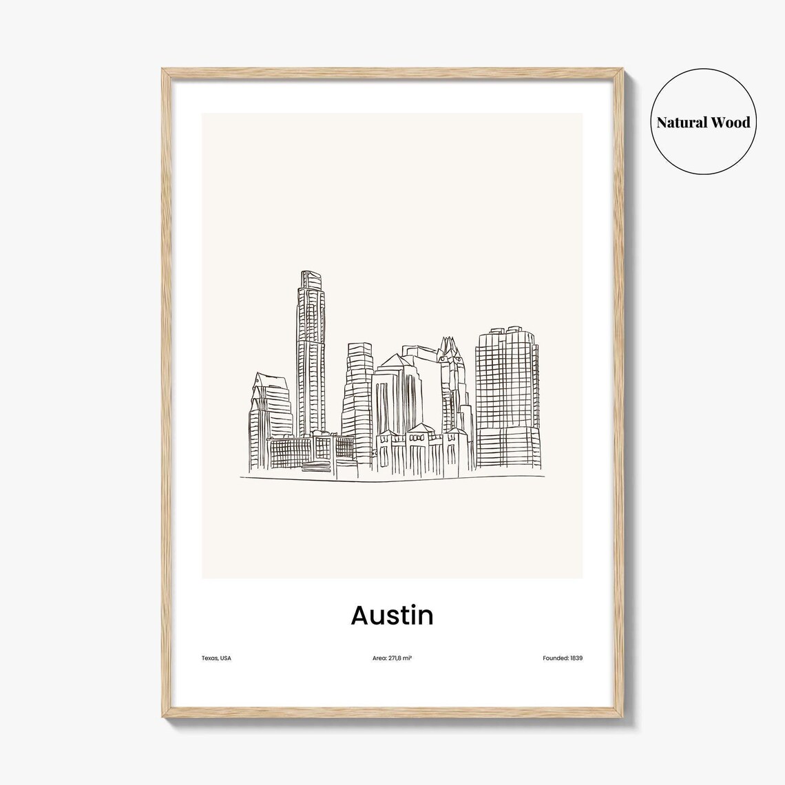 Austin Texas One Line Drawing City Skyline Minimalist Downtown Art Poster - Image 2