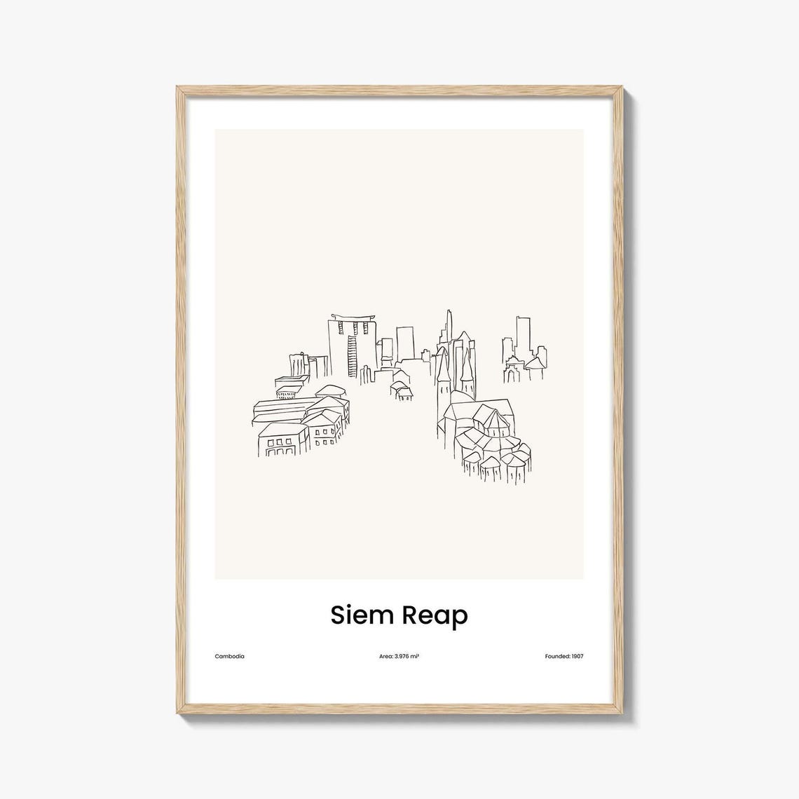 Siem Reap Cambodia Temple Town Street One Line Drawing Poster