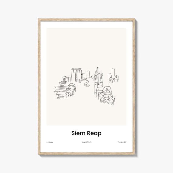 Siem Reap Cambodia Temple Town Street One Line Drawing Poster