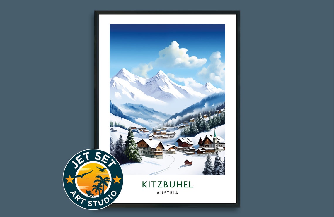 Kitzbuhel Austria Alpine Chalets Snowy Peaks Winter Travel Poster