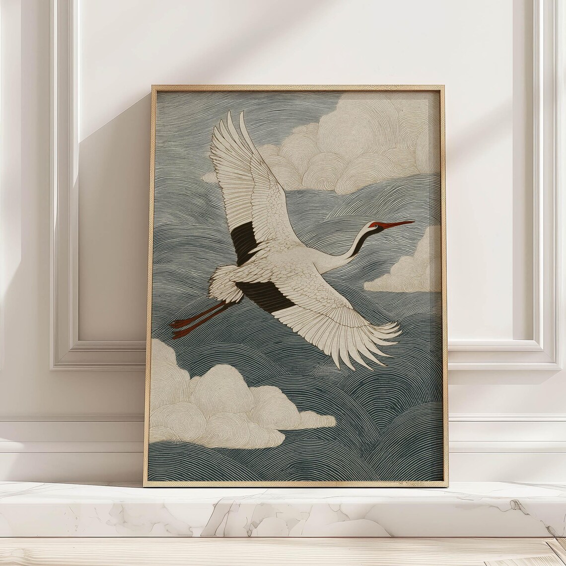 Flying Crane in Clouds, Elegant Japanese Style Poster