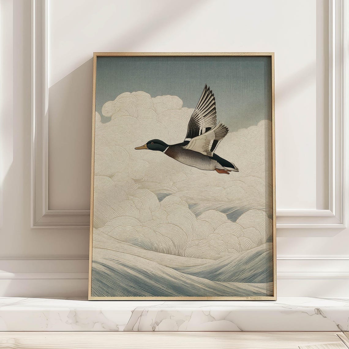 Mallard Duck in Flight Japanese Style Vintage Bird Over Clouds Poster