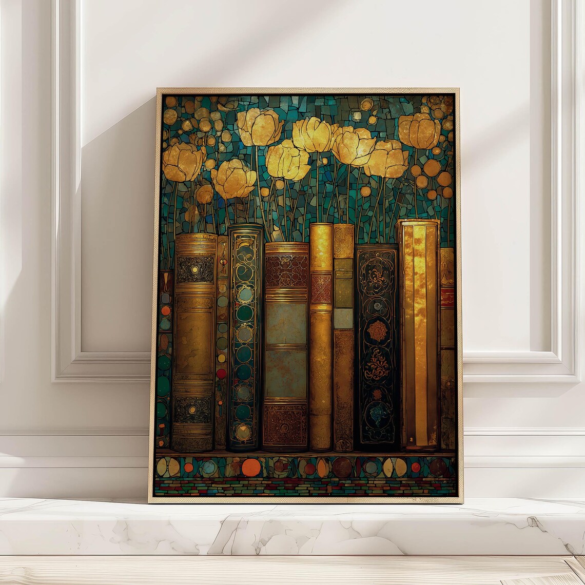 Stained Glass Books With Gold Flowers Mosaic Book Lover Wall Art