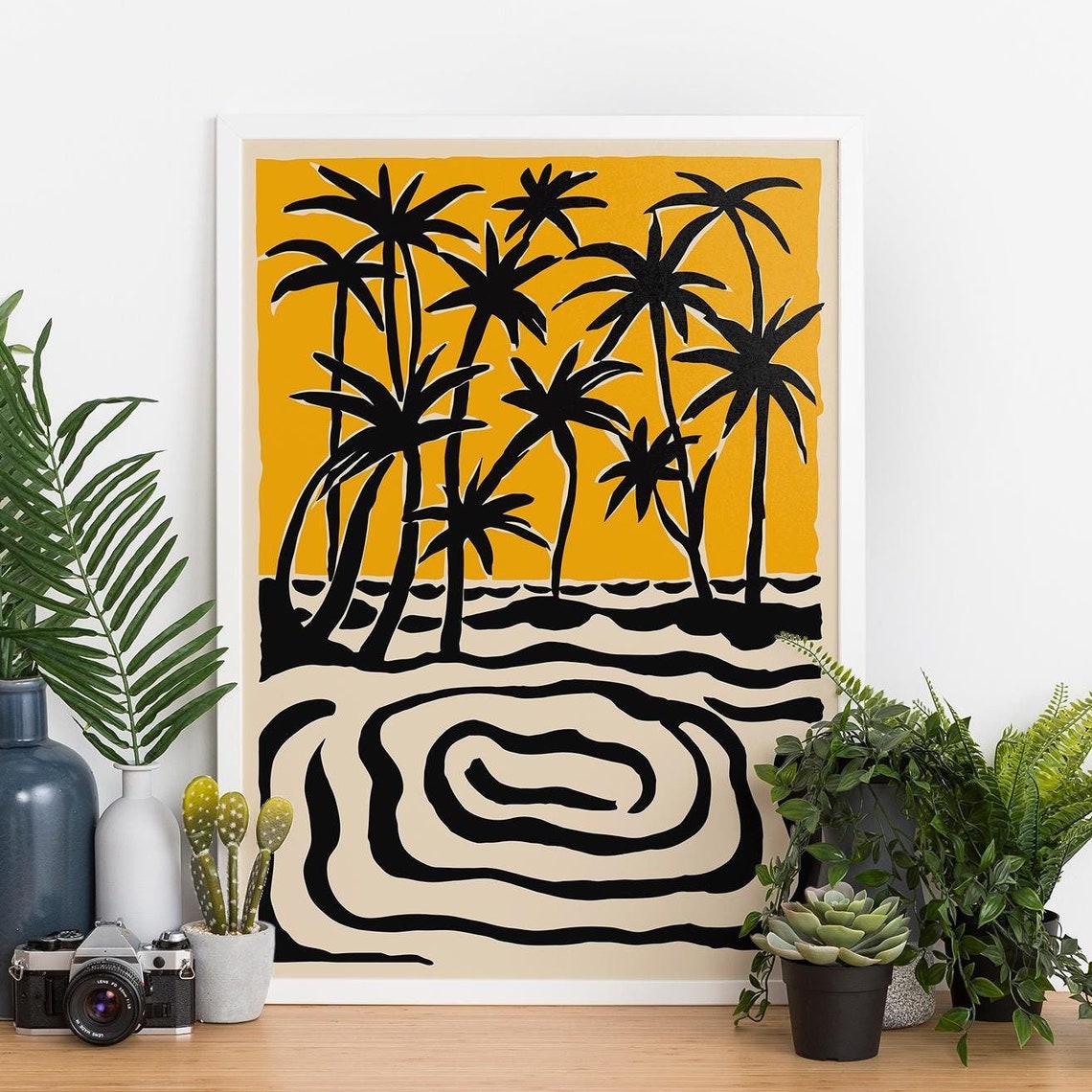 Tropical Palm Tree Silhouette Yellow Sky Sunset Beach Poster
