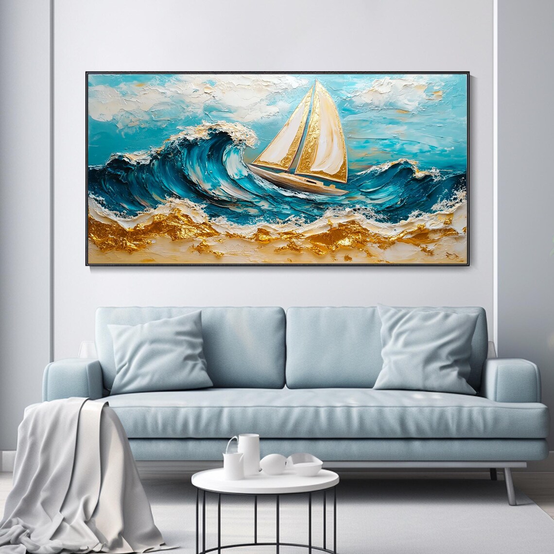 Golden Sailed Sailboat Riding Big Blue Wave Impasto Art Poster - Image 3