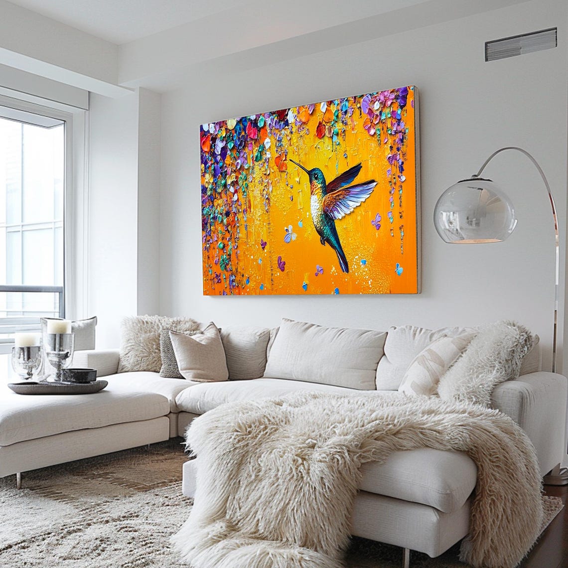 Colorful Hummingbird Flying Orange Blossom Petals Impasto Art Poster - Image 2