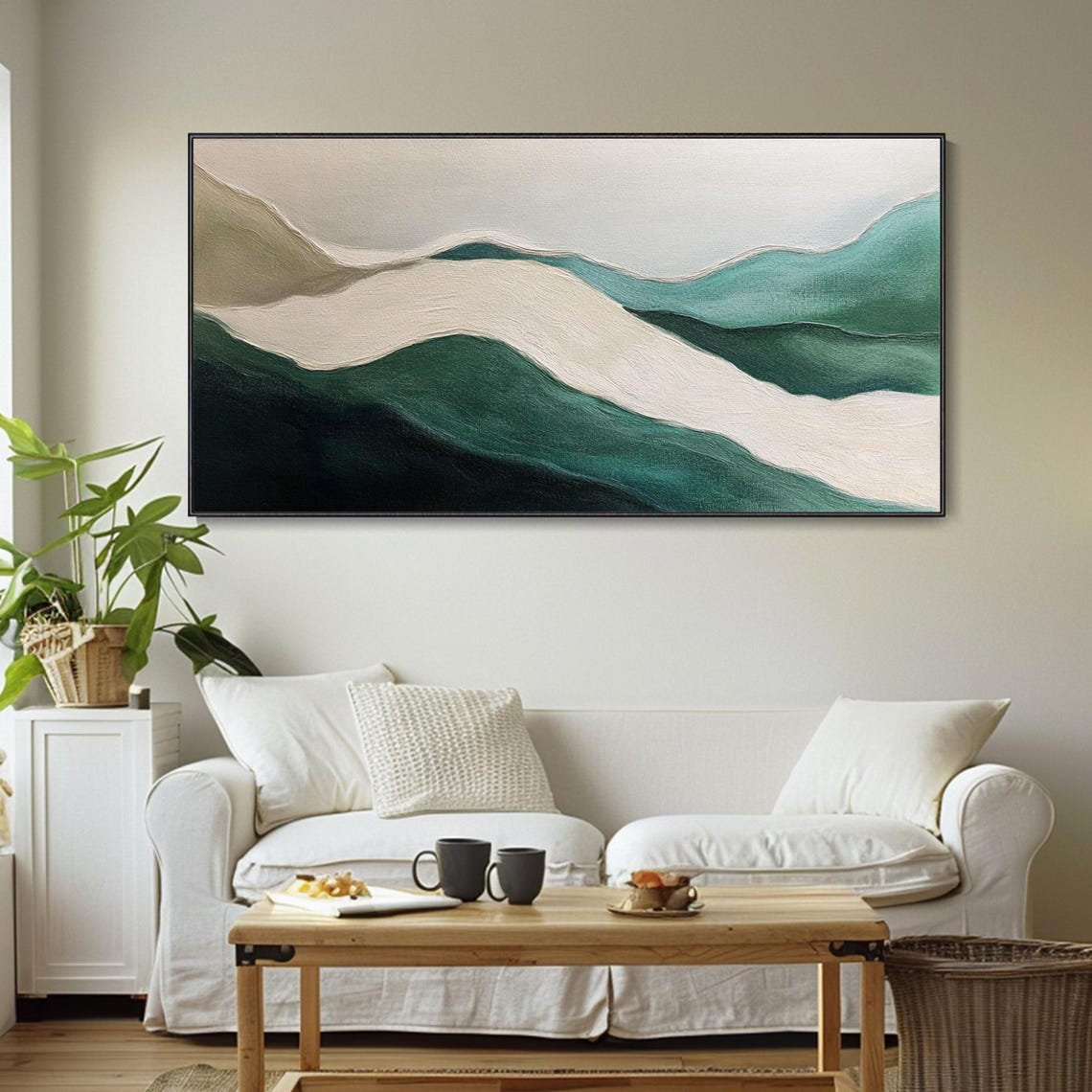 Minimalist Green White Rolling Hills Abstract Waves Art Poster - Image 4