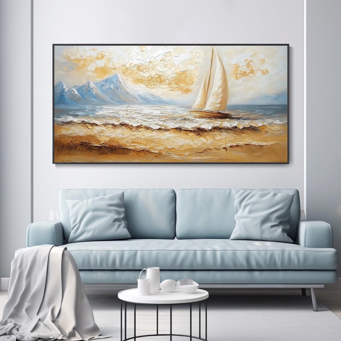 Sailboat Golden Ocean Blue Mountains Beige Seascape Art Poster - Image 3