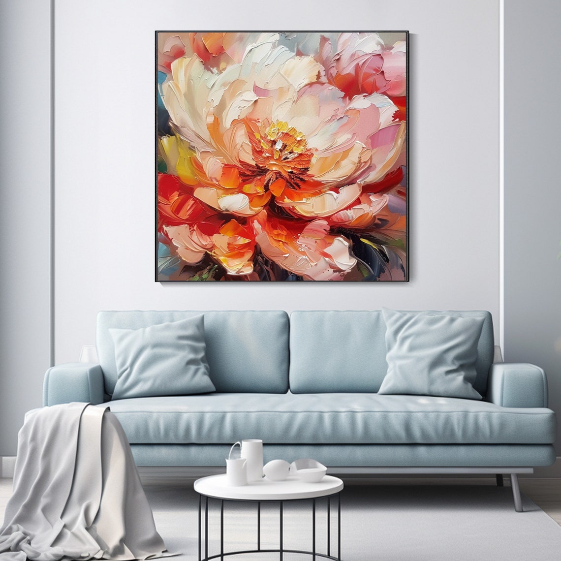 Coral Pink Peony Bloom Macro Palette Knife Floral Painting Poster - Image 2