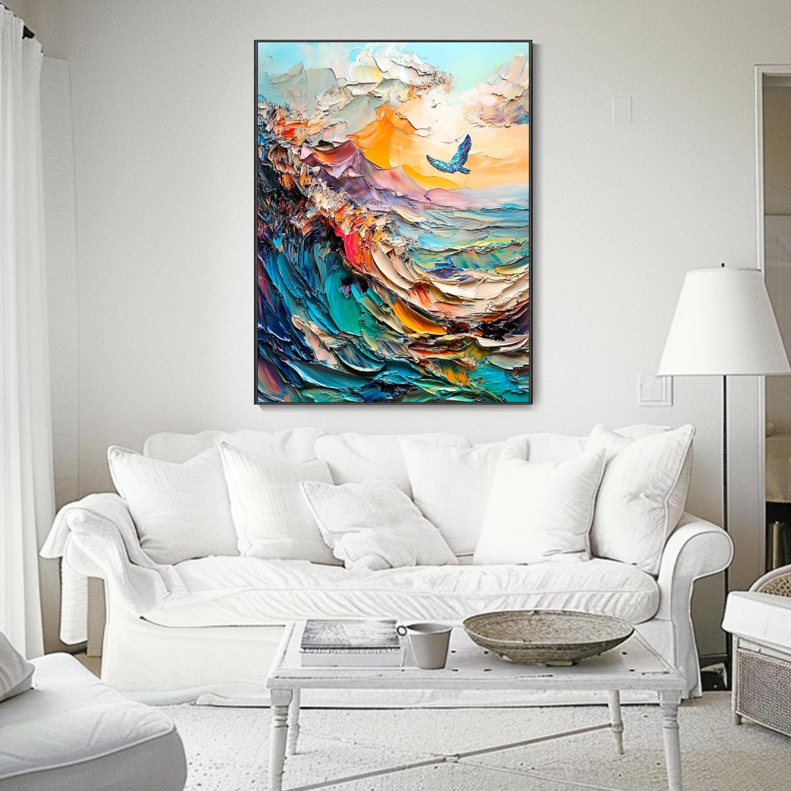 Blue Bird Flying Sunset Ocean Wave Abstract Impasto Art Poster - Image 3
