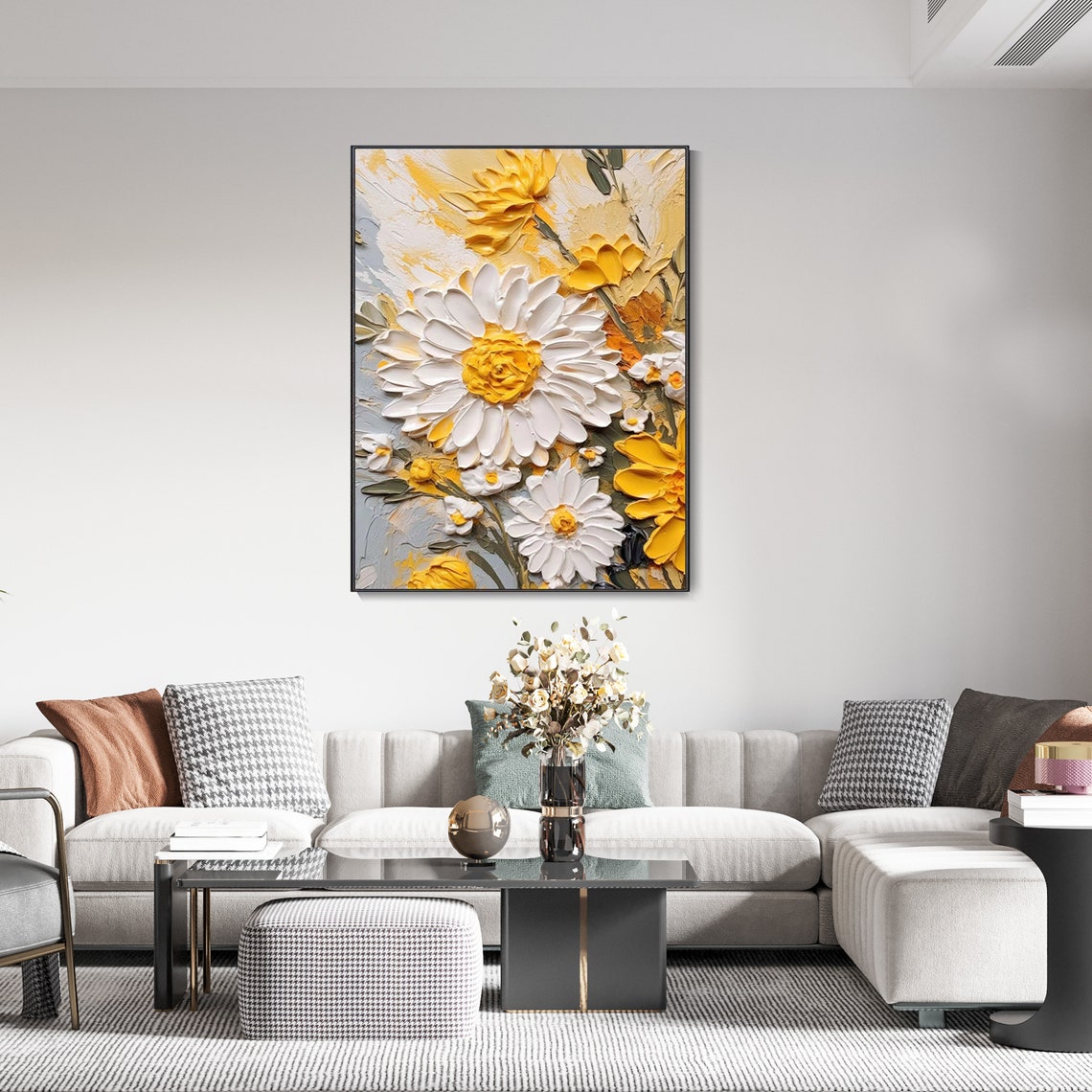White Daisy Yellow Bloom 3D Floral Impasto Cheerful Modern Poster - Image 2