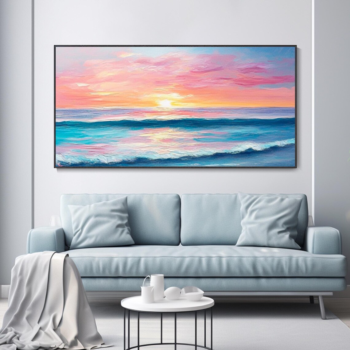 Pink Ocean Sunset Turquoise Waves Seascape Impasto Art Poster - Image 3