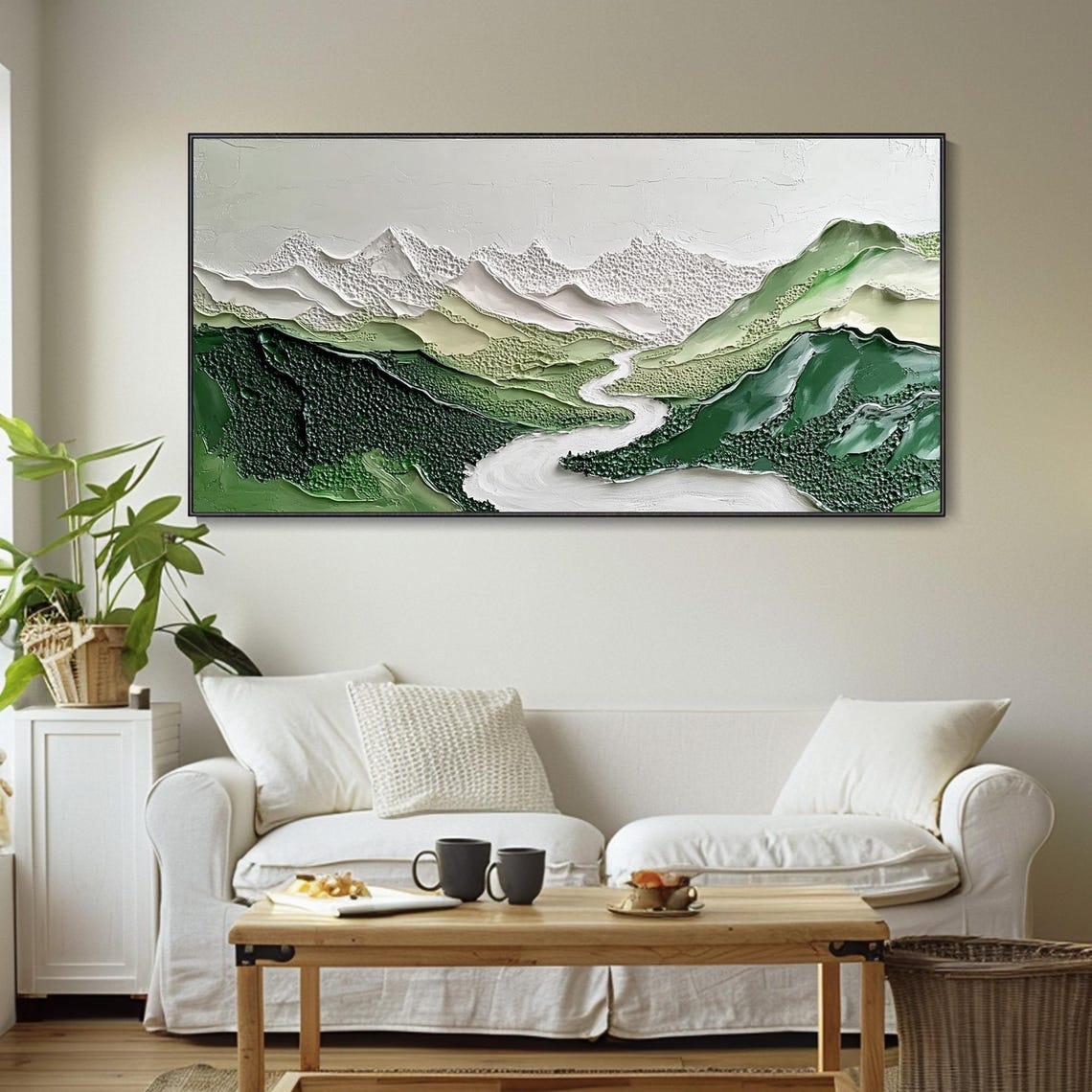 Original Oil Painting Scenic Green River Mountains Sky Clouds Texture Knife Art Custom Home Decor Wall Hanging Vertical Landscape - Image 4