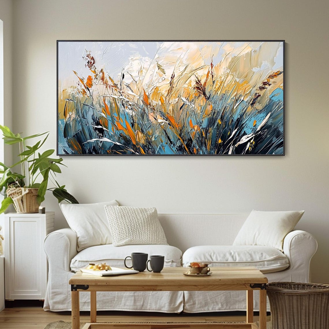 Teal Gold Windswept Grass Meadow Impasto Dynamic Modern Poster - Image 4