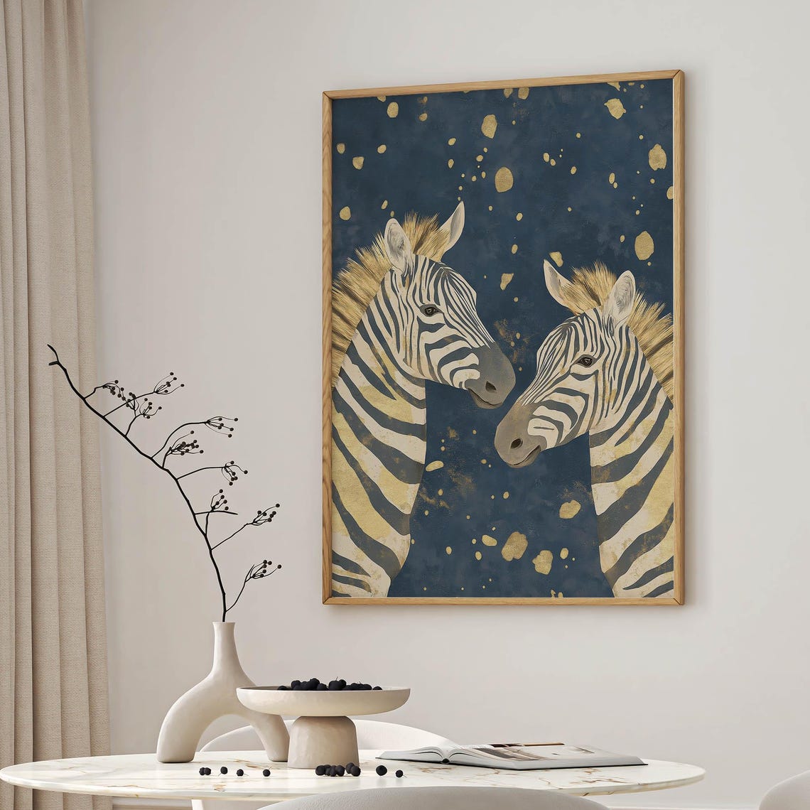 Zebra Pair Gold Foil Night Stars Modern Safari African Wall Art