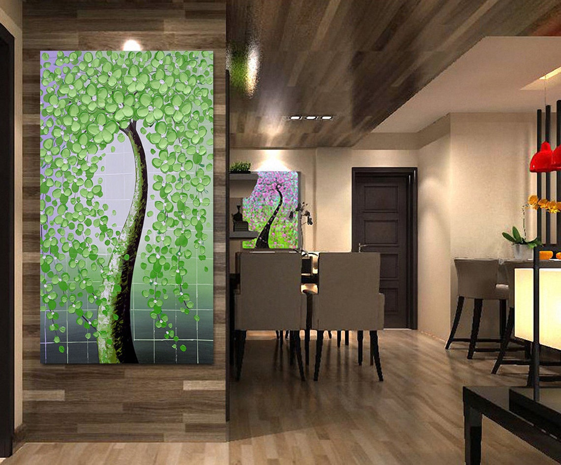 Whimsical Green Leaf Tree Modern Palette Knife Living Room Poster - Image 2