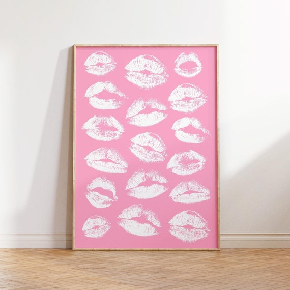 Kiss Lips Wall Art Pink Lips Print Trendy Prints Dorm Poster Funky Preppy Print Fashion Wall Art Blush Pink Make Up Poster