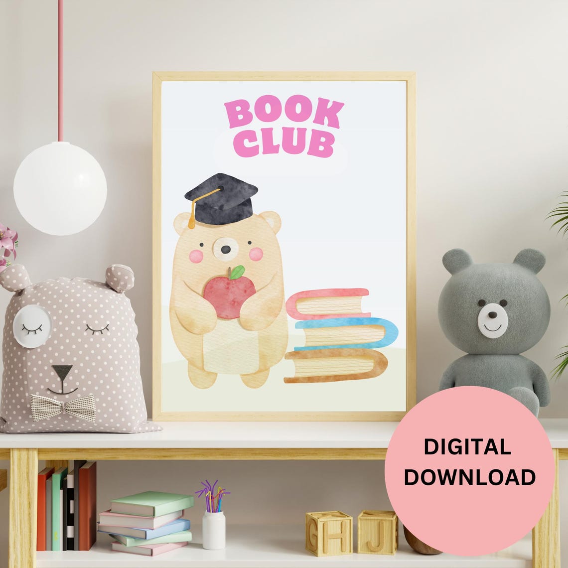 Book Club Bear Graduation Cap Apple Cute Kids Reading Art Print - Image 3