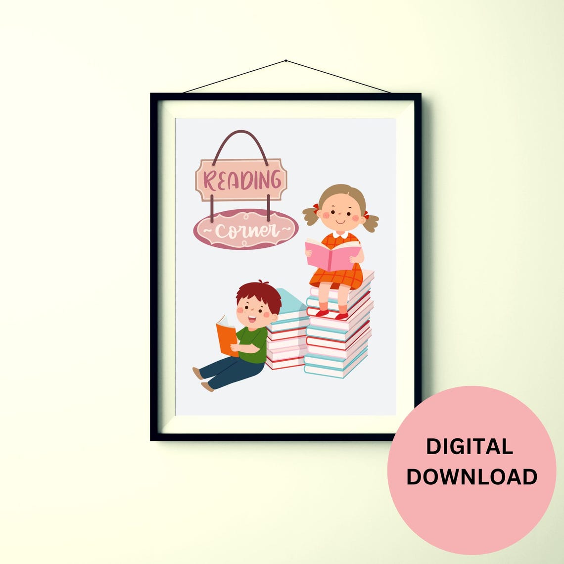 Reading Corner Sign Kids and Books Cartoon Nursery Classroom Art Print - Image 2