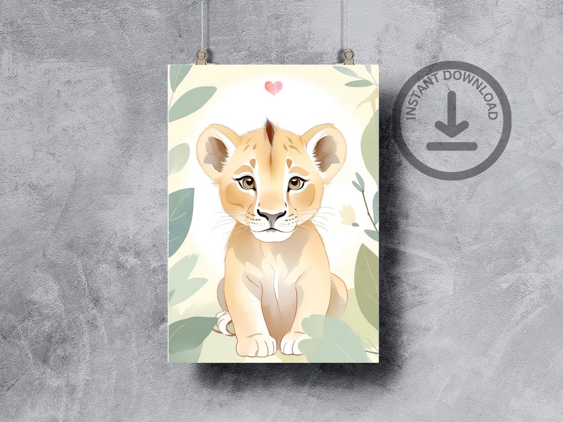 Baby Lion Cub Watercolor Portrait Cute Safari Nursery Art Poster - Image 2