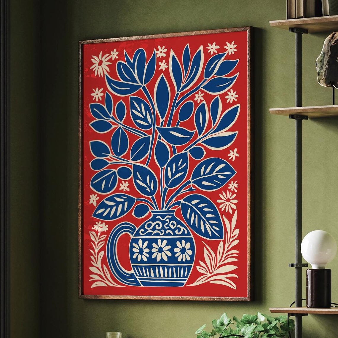 Bold Red Floral Bouquet Paper Cut Botanical Blue Vase Poster