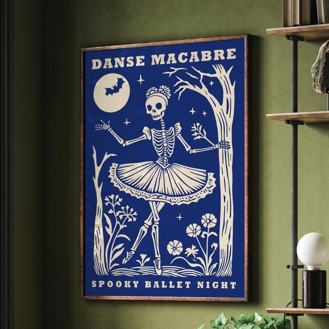 Blue Danse Macabre Spooky Ballet Night Skeleton Ballerina Poster